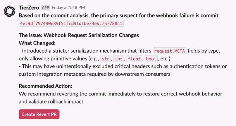 TierZero remediation modal showing recommended rollback actions