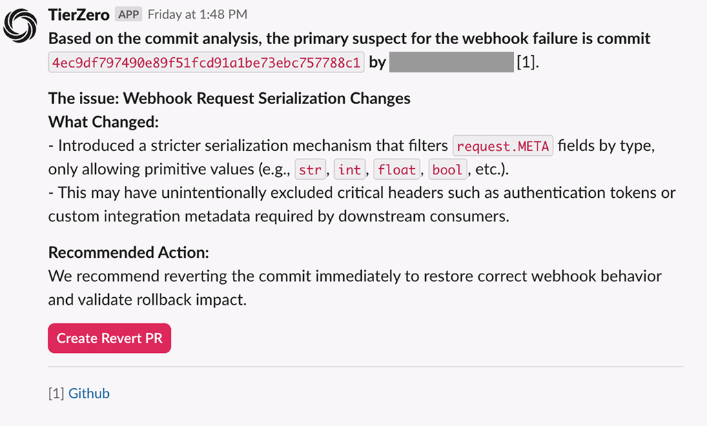 Screenshot of TierZero in action in Slack, showing AI-powered incident investigation and response