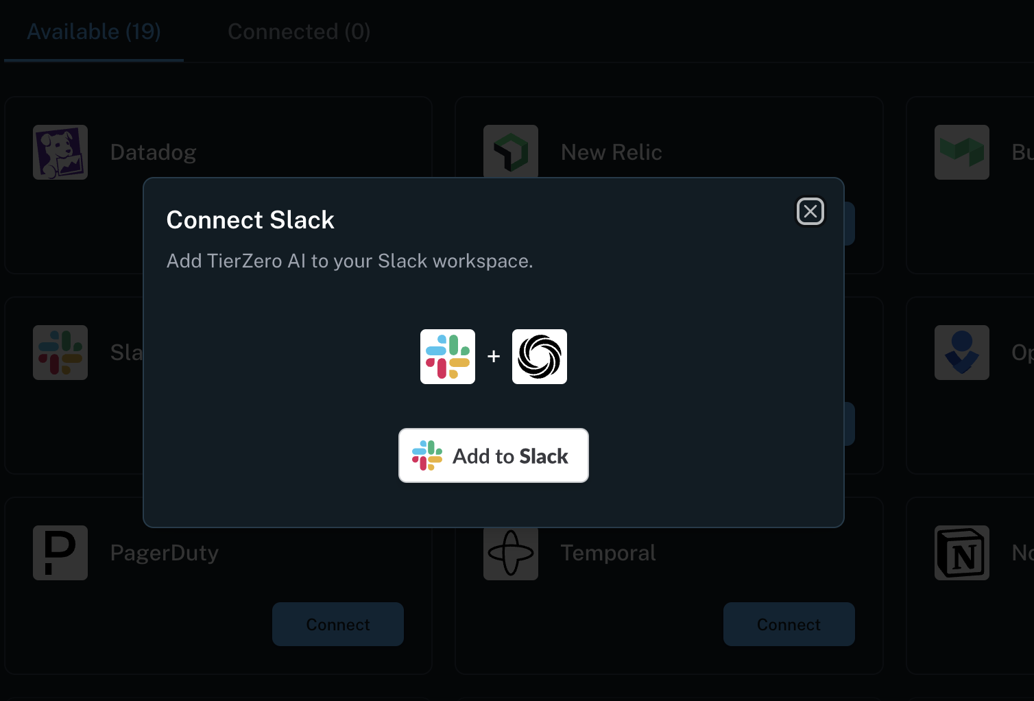 TierZero Settings showing Slack integration with Connect Slack modal open, displaying Add to Slack button